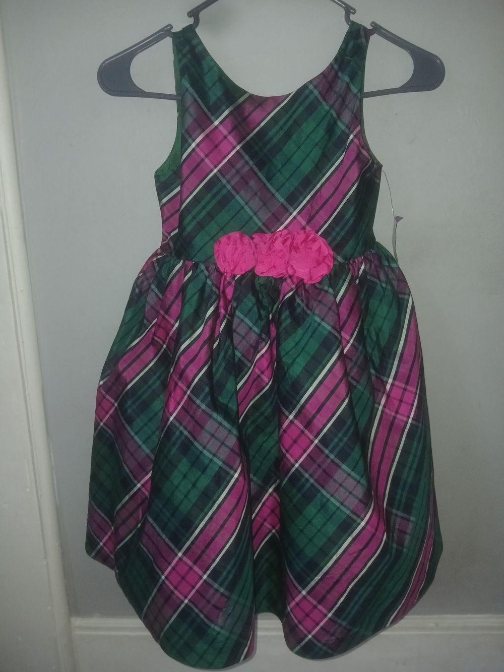 Green and Pink Plaid Girls' Party Dress with Floral Waist